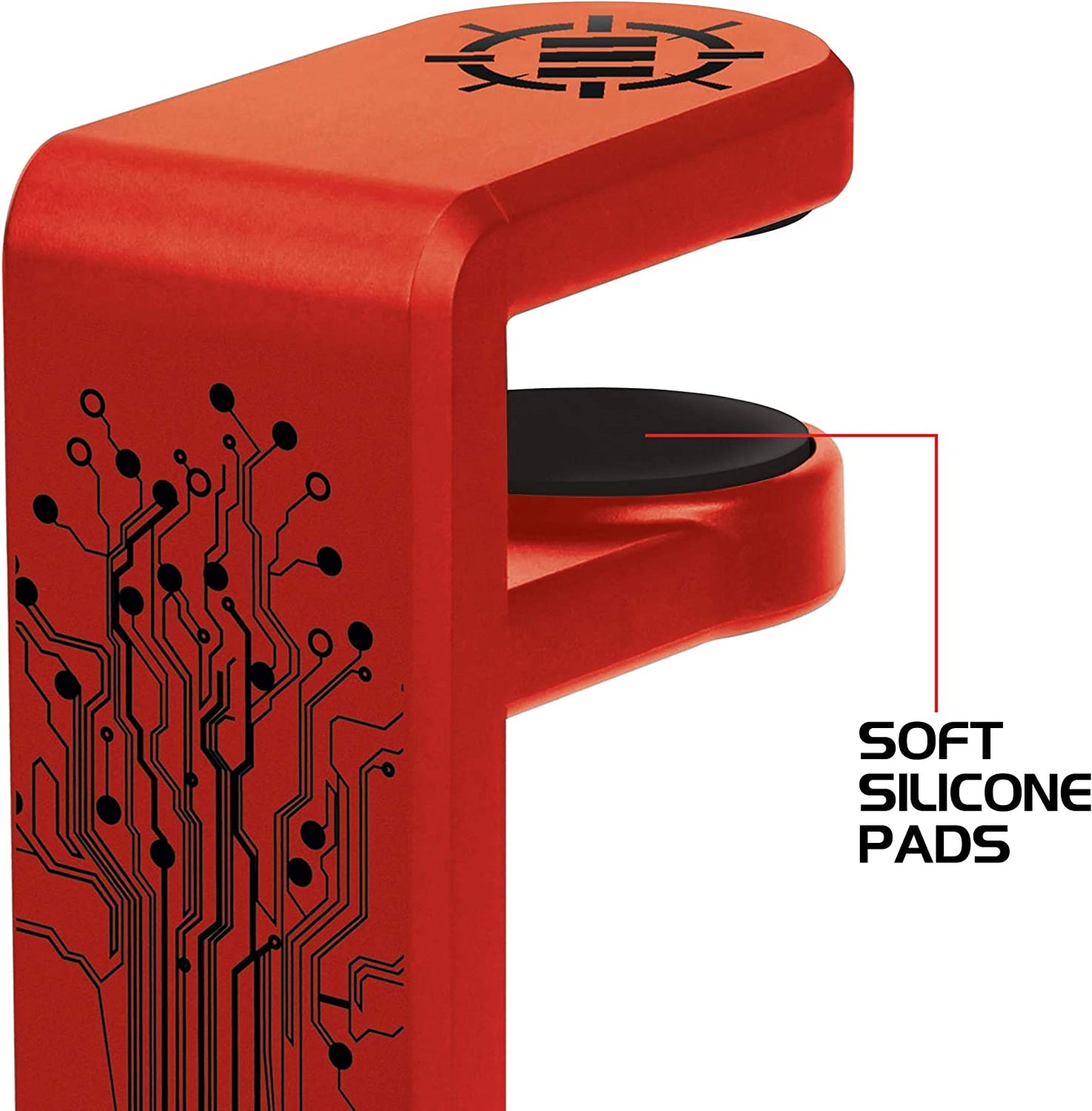 Headphone stand, hook-style clamp for under the desk, universal design - Built-in cable organizer - Red