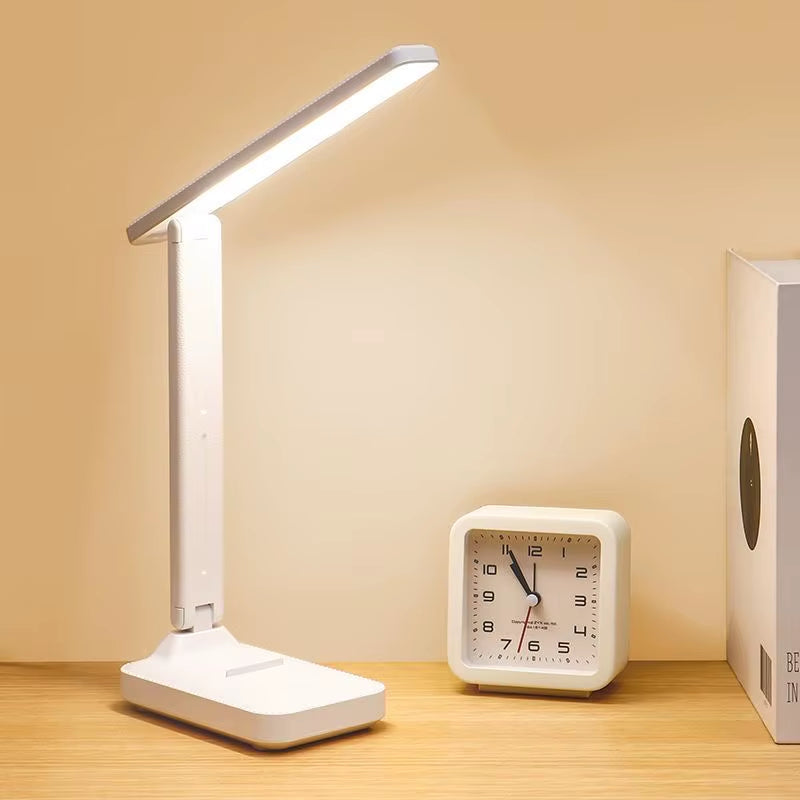 Foldable LED desk lamp with touch controls, for studying, reading, and eye care, with USB connection, dimmable, white light