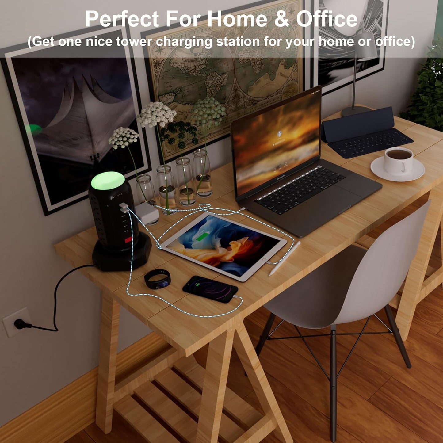 Power Strip with Colorful Night Light, 15 AC Outlets, and 6 Fast-Charging USB Ports, 900 J Surge Protector with Flat Plug on the Right (Black)