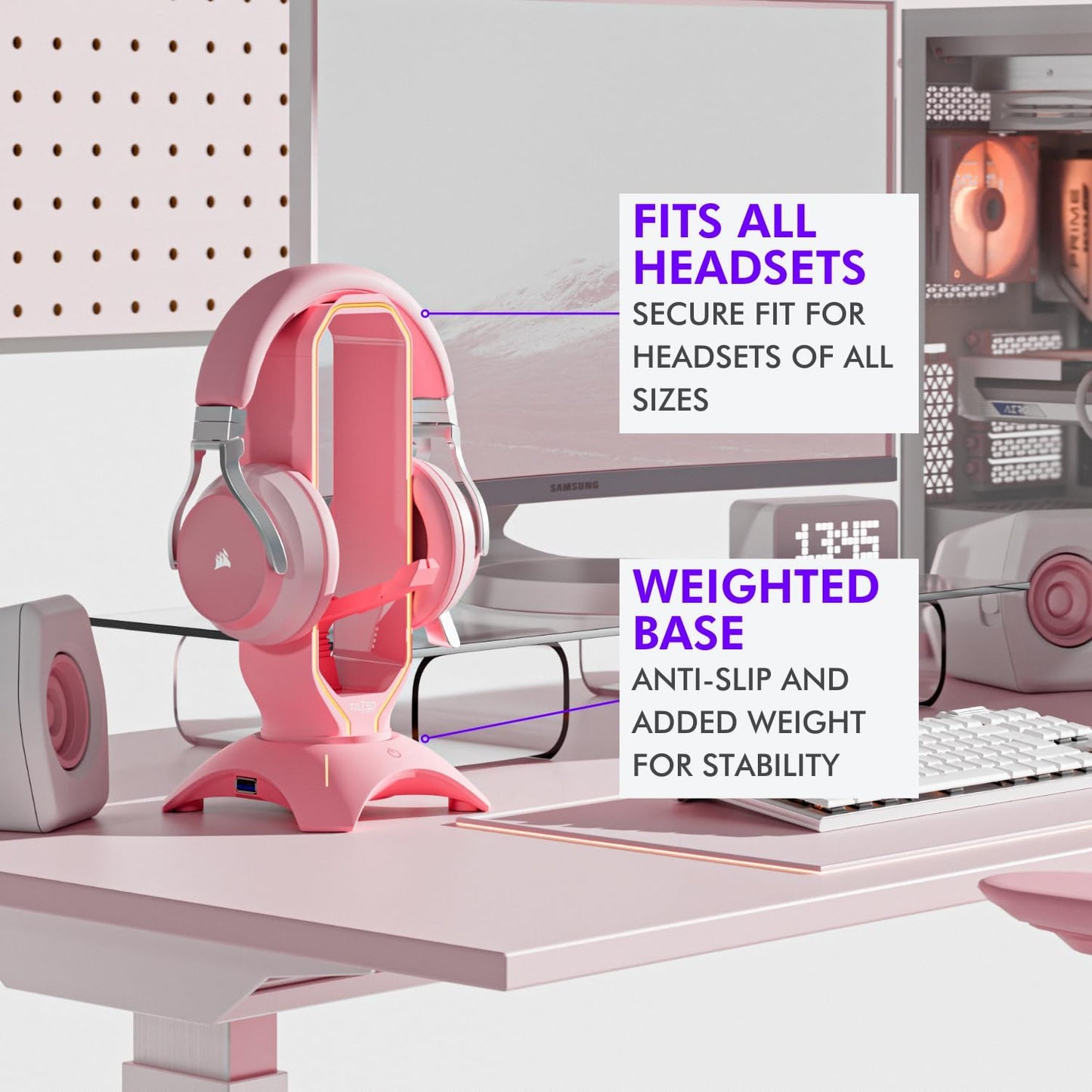 Headset Stand with RGB, Mouse Bungee Holder, and 2 Port USB Hub Charger