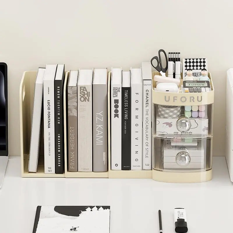 Multifunctional desk organizer with a drawer, pencil holder, shelves, compartments, an organizer box, and space to store folders
