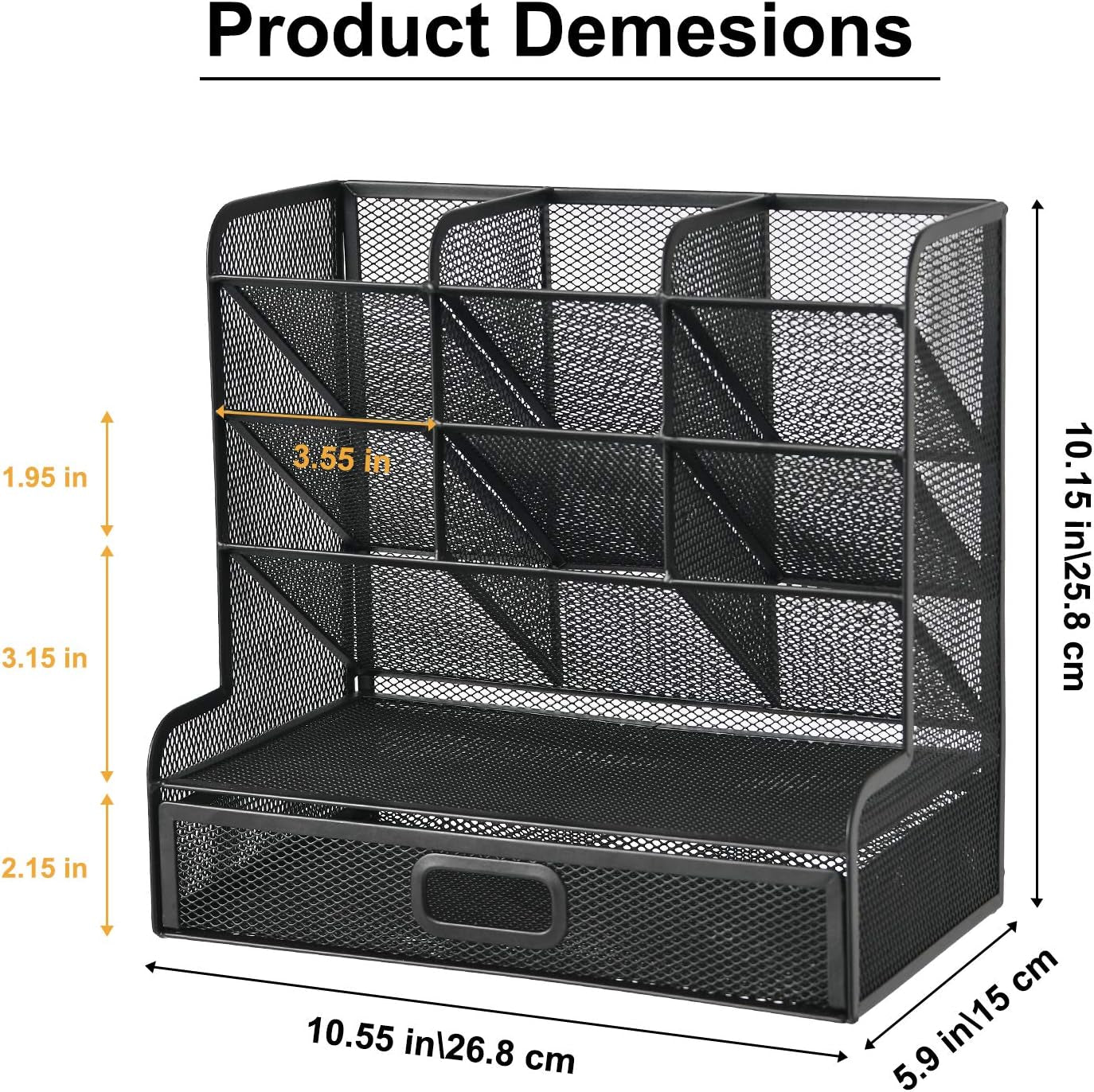 Mesh Pen Holder for Desk, Multi-Functional Pencil Organizer with Drawer (Large Black)