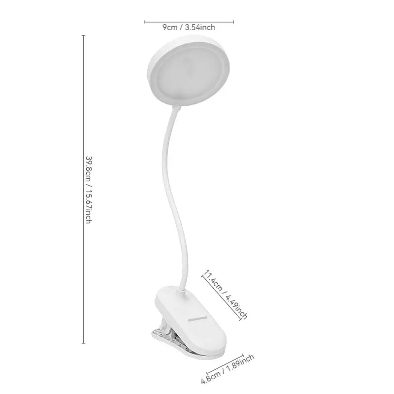 USB-rechargeable LED desk lamp with a clip and touch controls, 3 brightness levels, and adjustable light, warm white