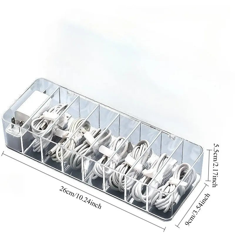 Clear plastic container for storing cables 