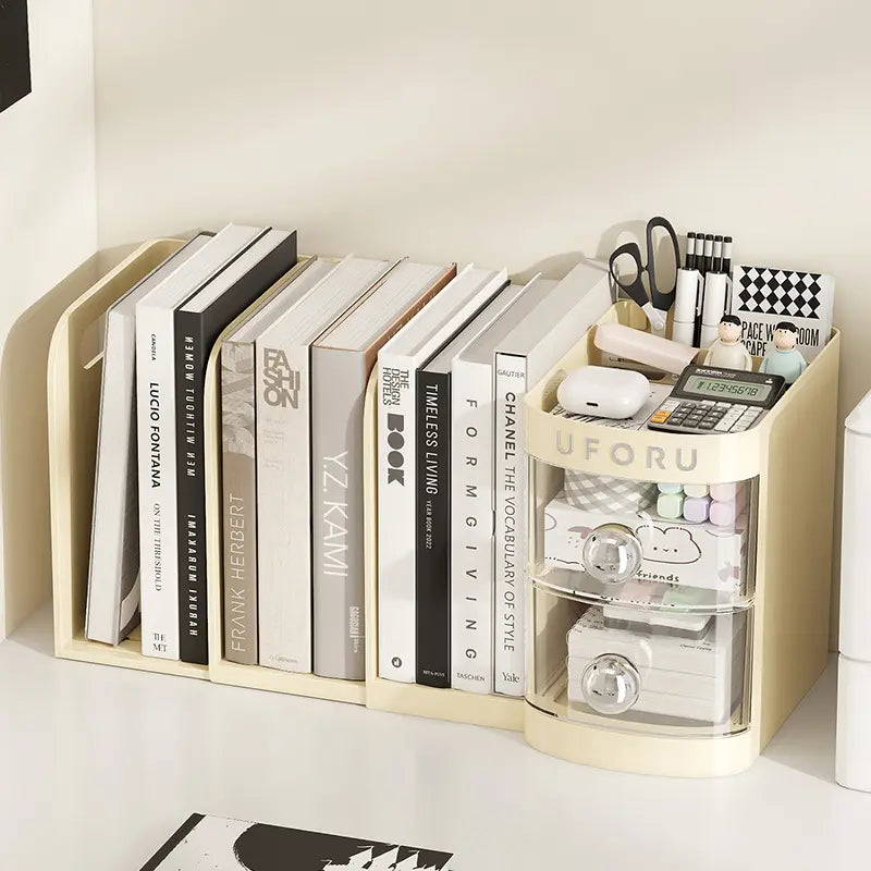 Multifunctional desk organizer with a drawer, pencil holder, shelves, compartments, an organizer box, and space to store folders