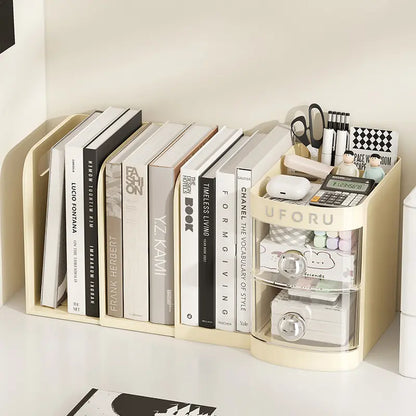 Multifunctional desk organizer with a drawer, pencil holder, shelves, compartments, an organizer box, and space to store folders