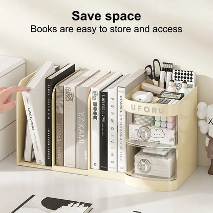 Multifunctional desk organizer with a drawer, pencil holder, shelves, compartments, an organizer box, and space to store folders
