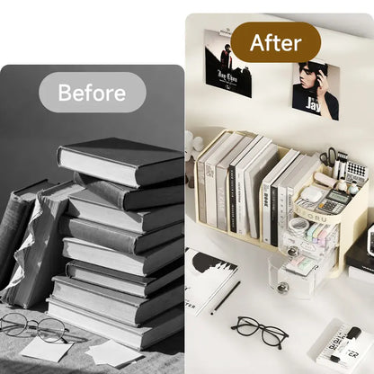 Multifunctional desk organizer with a drawer, pencil holder, shelves, compartments, an organizer box, and space to store folders