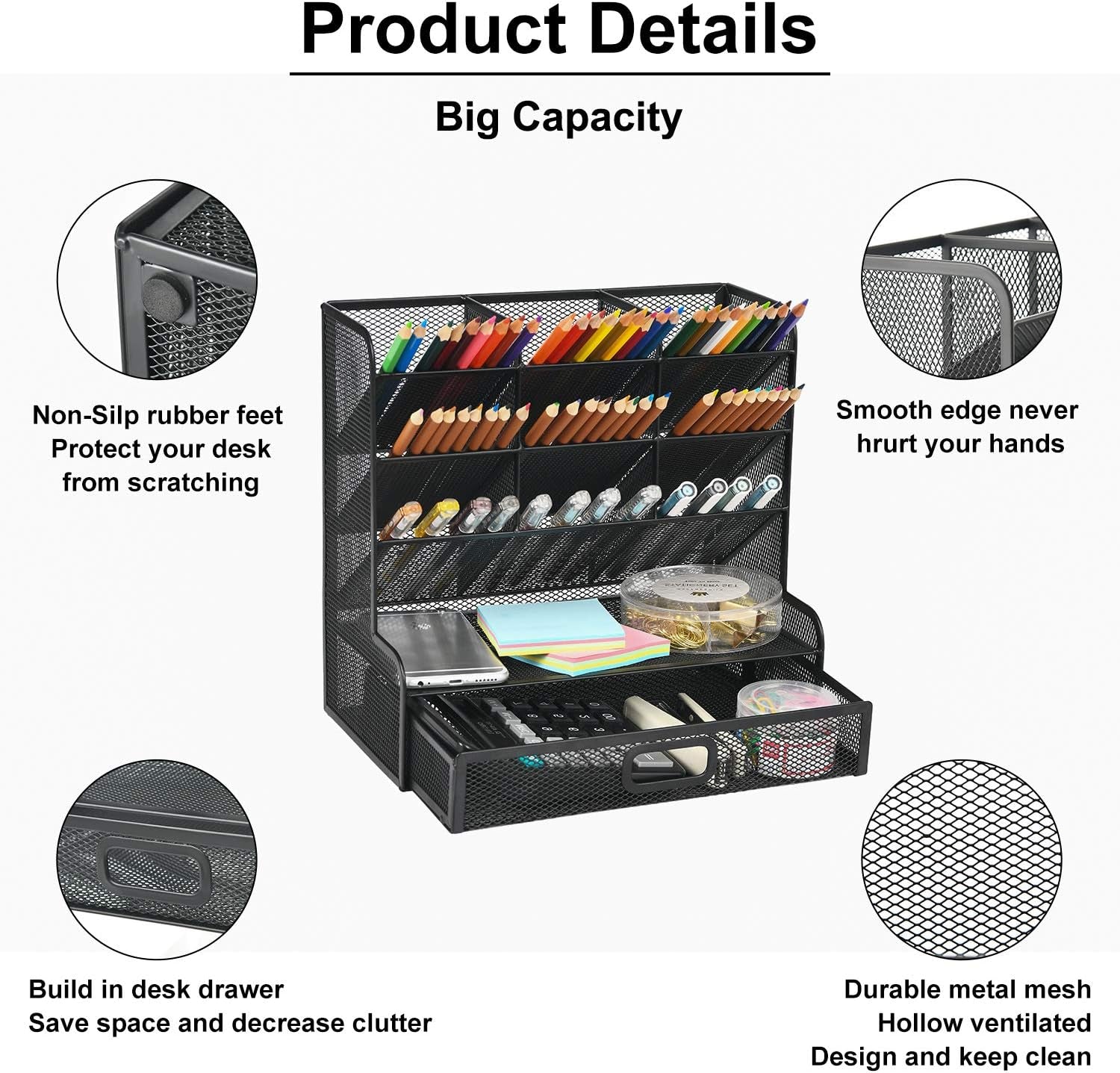 Mesh Pen Holder for Desk, Multi-Functional Pencil Organizer with Drawer (Large Black)