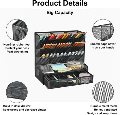 Mesh Pen Holder for Desk, Multi-Functional Pencil Organizer with Drawer (Large Black)