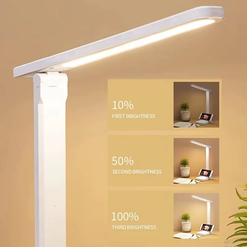 Foldable LED desk lamp with touch controls, for studying, reading, and eye care, with USB connection, dimmable, white light