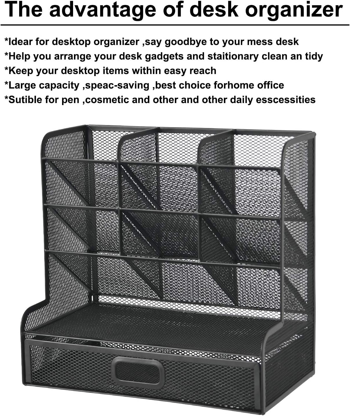 Mesh Pen Holder for Desk, Multi-Functional Pencil Organizer with Drawer (Large Black)