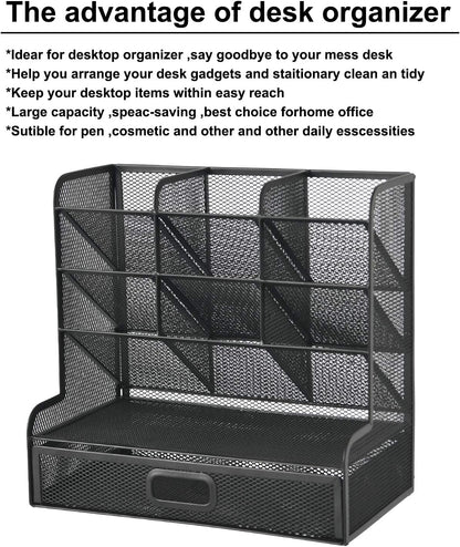 Mesh Pen Holder for Desk, Multi-Functional Pencil Organizer with Drawer (Large Black)