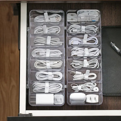Clear plastic container for storing cables 