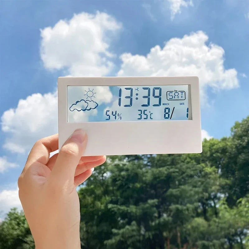 LCD Desktop Alarm Clock Transparent Calendar Weather and Digital Temperature and Humidity Display 