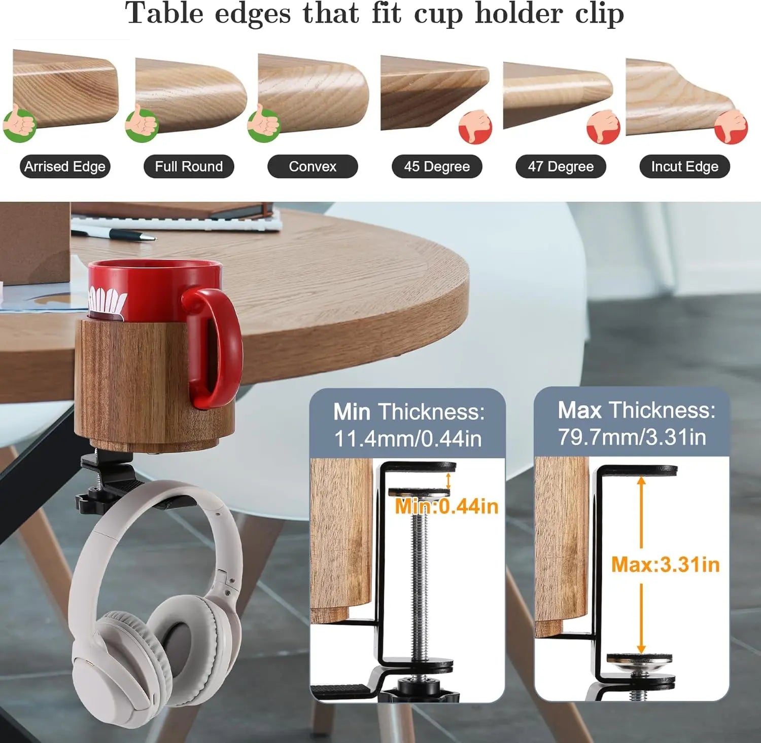 2-in-1 Headphone Holder with 360° Rotation for Under-Desk Use, 360° Spill-Proof Cup Holder
