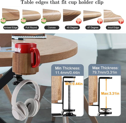2-in-1 Headphone Holder with 360° Rotation for Under-Desk Use, 360° Spill-Proof Cup Holder