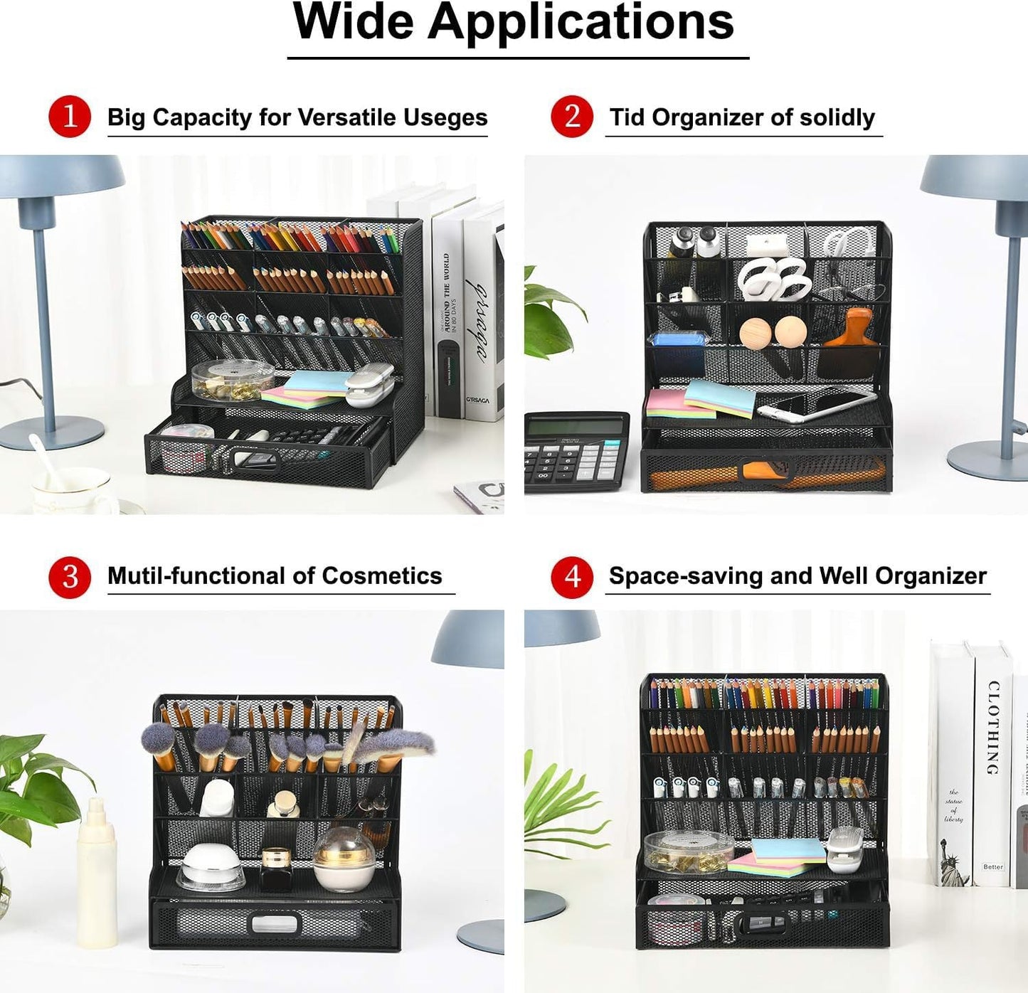Mesh Pen Holder for Desk, Multi-Functional Pencil Organizer with Drawer (Large Black)