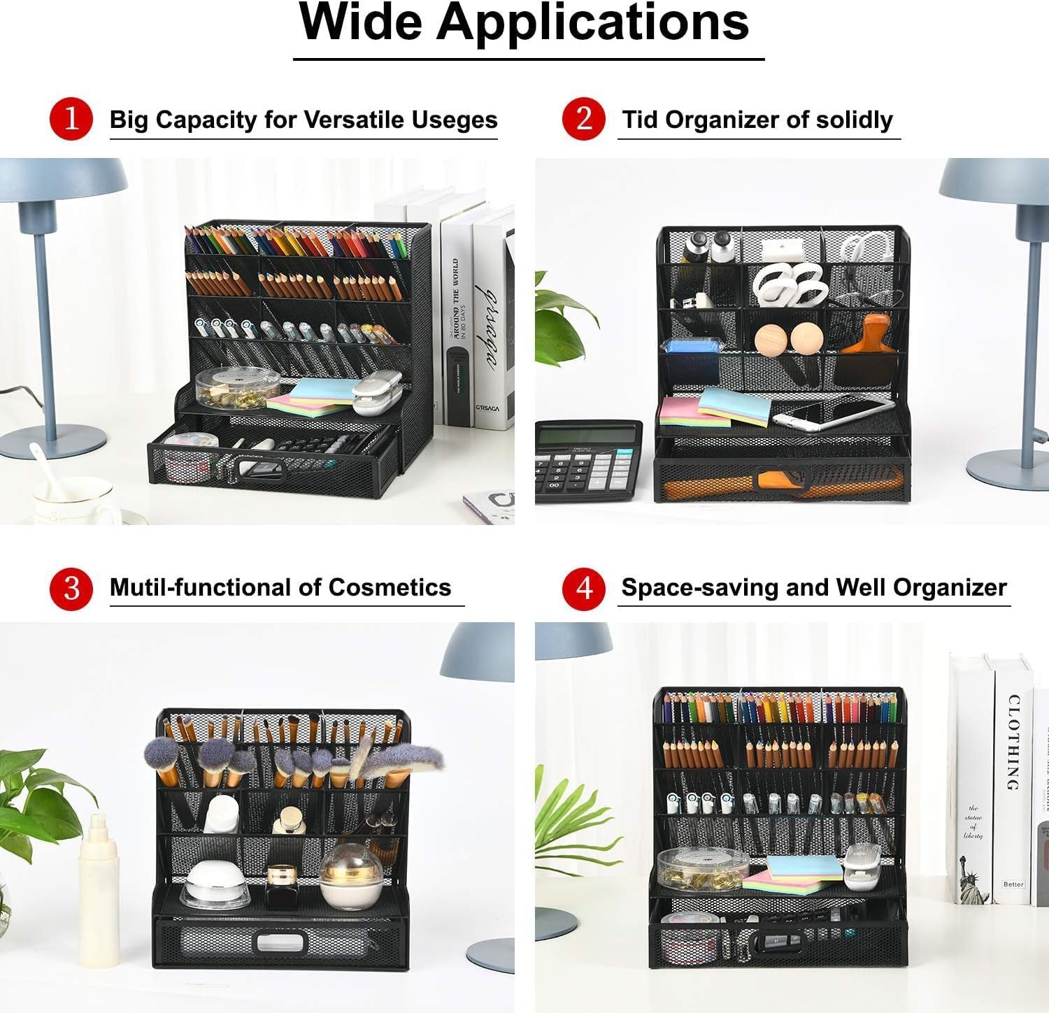 Mesh Pen Holder for Desk, Multi-Functional Pencil Organizer with Drawer (Large Black)