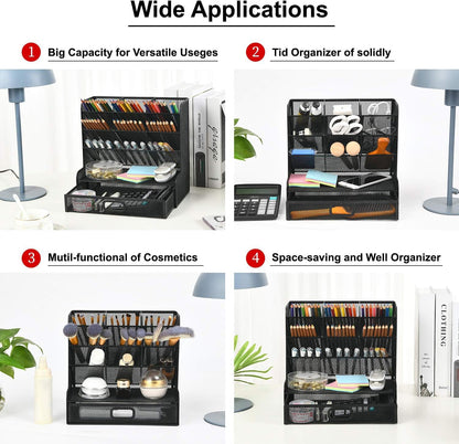 Mesh Pen Holder for Desk, Multi-Functional Pencil Organizer with Drawer (Large Black)