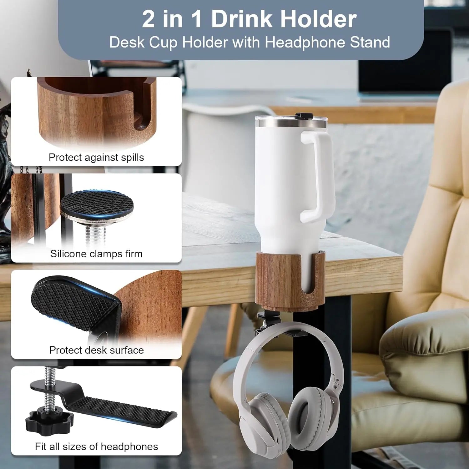 2-in-1 Headphone Holder with 360° Rotation for Under-Desk Use, 360° Spill-Proof Cup Holder