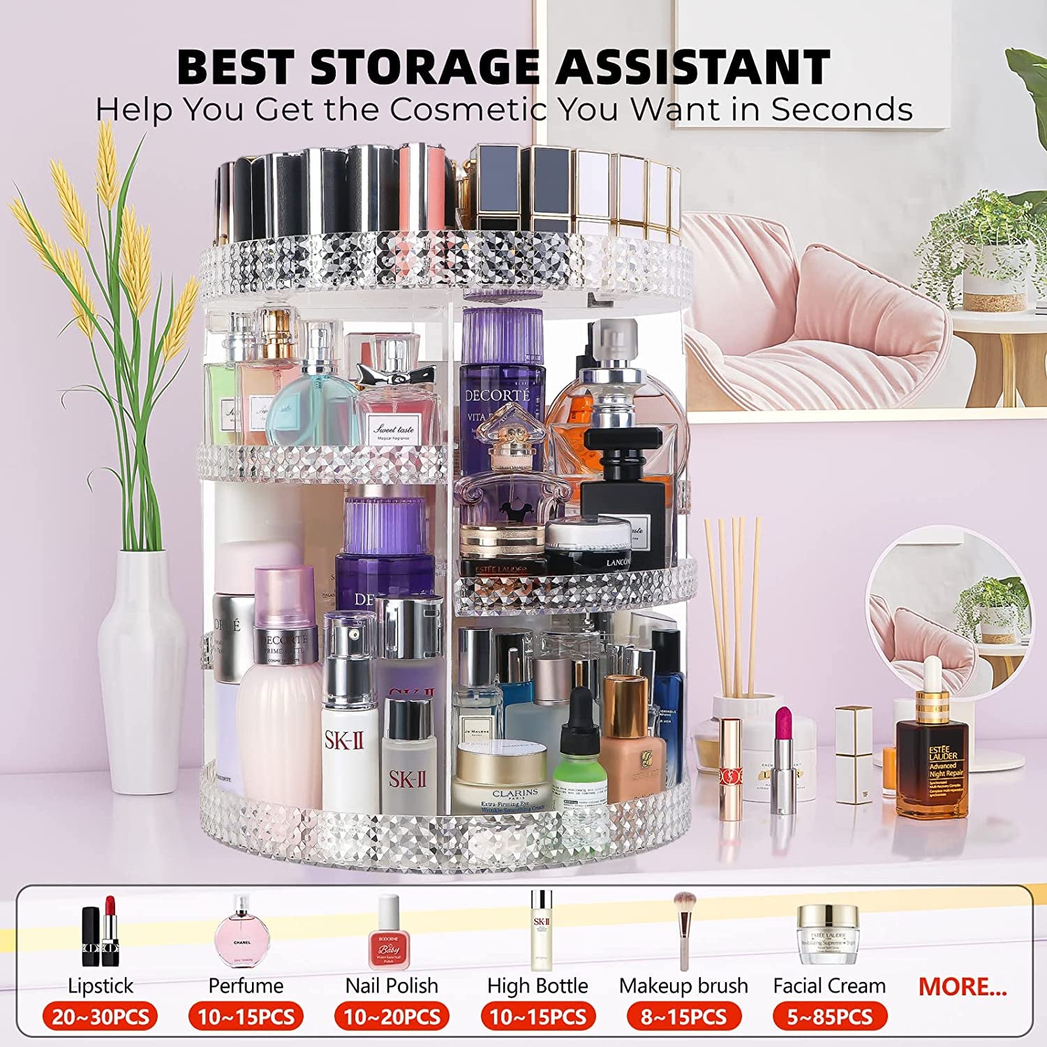 7-tier removable makeup and perfume organizer that can be customized, ideal for a vanity (transparent)