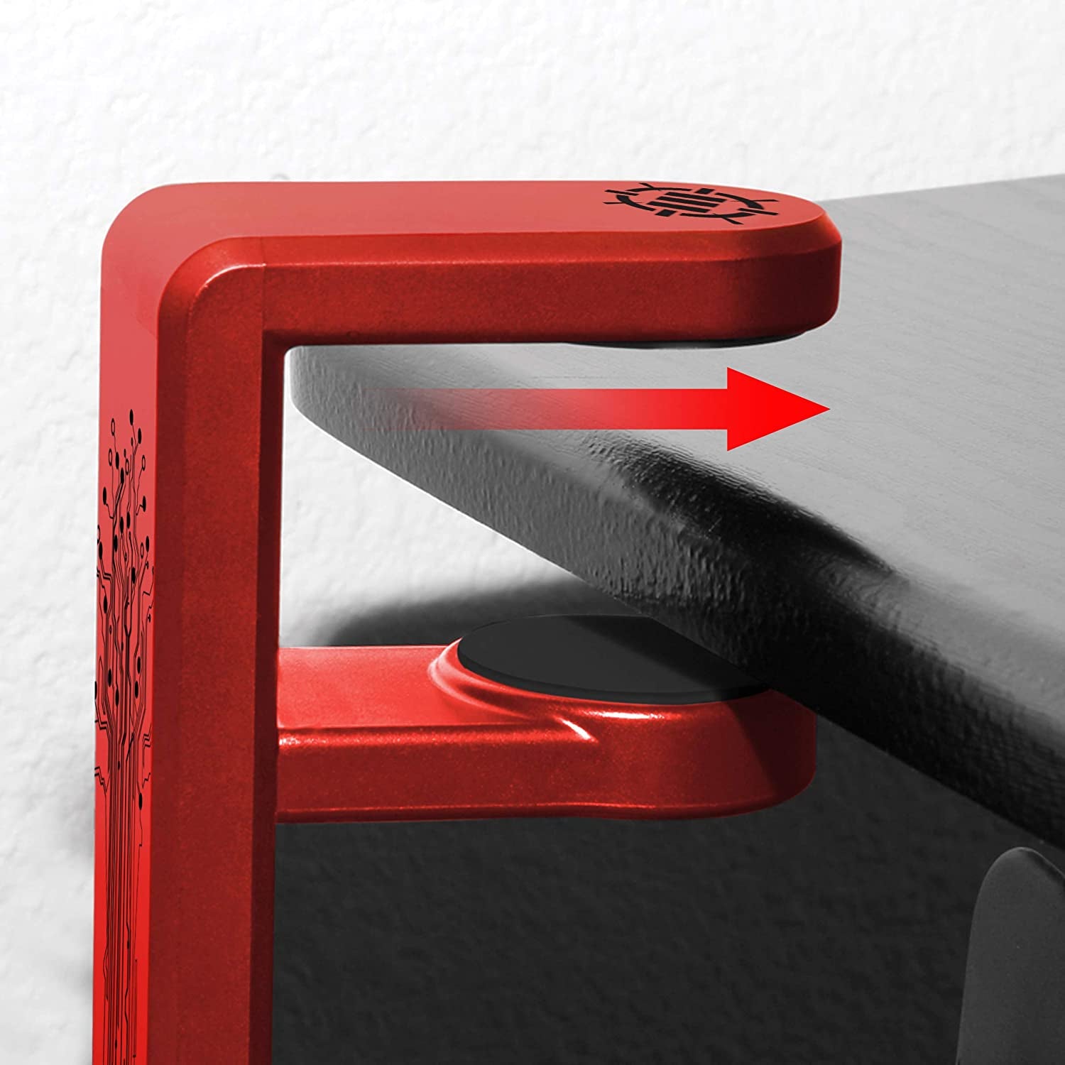 Headphone stand, hook-style clamp for under the desk, universal design - Built-in cable organizer - Red