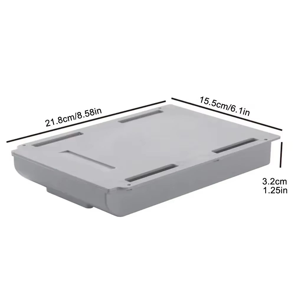 1 white self-adhesive storage box, a tray for makeup pencils and more, which tucks away under the desk