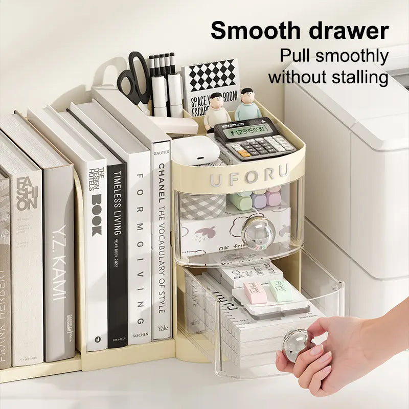 Multifunctional desk organizer with a drawer, pencil holder, shelves, compartments, an organizer box, and space to store folders