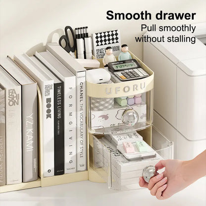 Multifunctional desk organizer with a drawer, pencil holder, shelves, compartments, an organizer box, and space to store folders