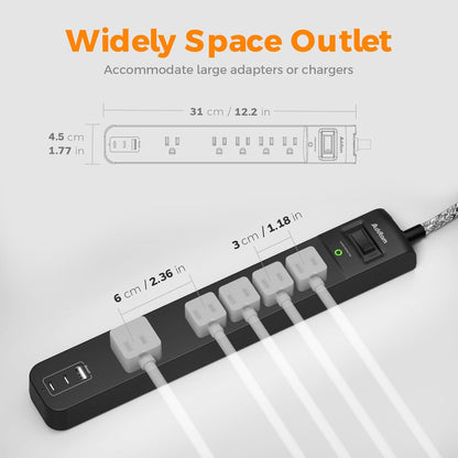 2 Pack Power Strip Surge Protector - 5 Widely Spaced Outlets 3 USB Charging Ports, 1875W/15A 6Ft Braided Extension Cord, Flat Plug 
