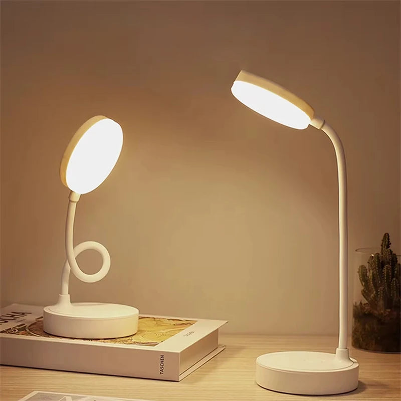 Portable LED desk lamp with eye protection, 3 brightness settings, and touch-activated USB charging