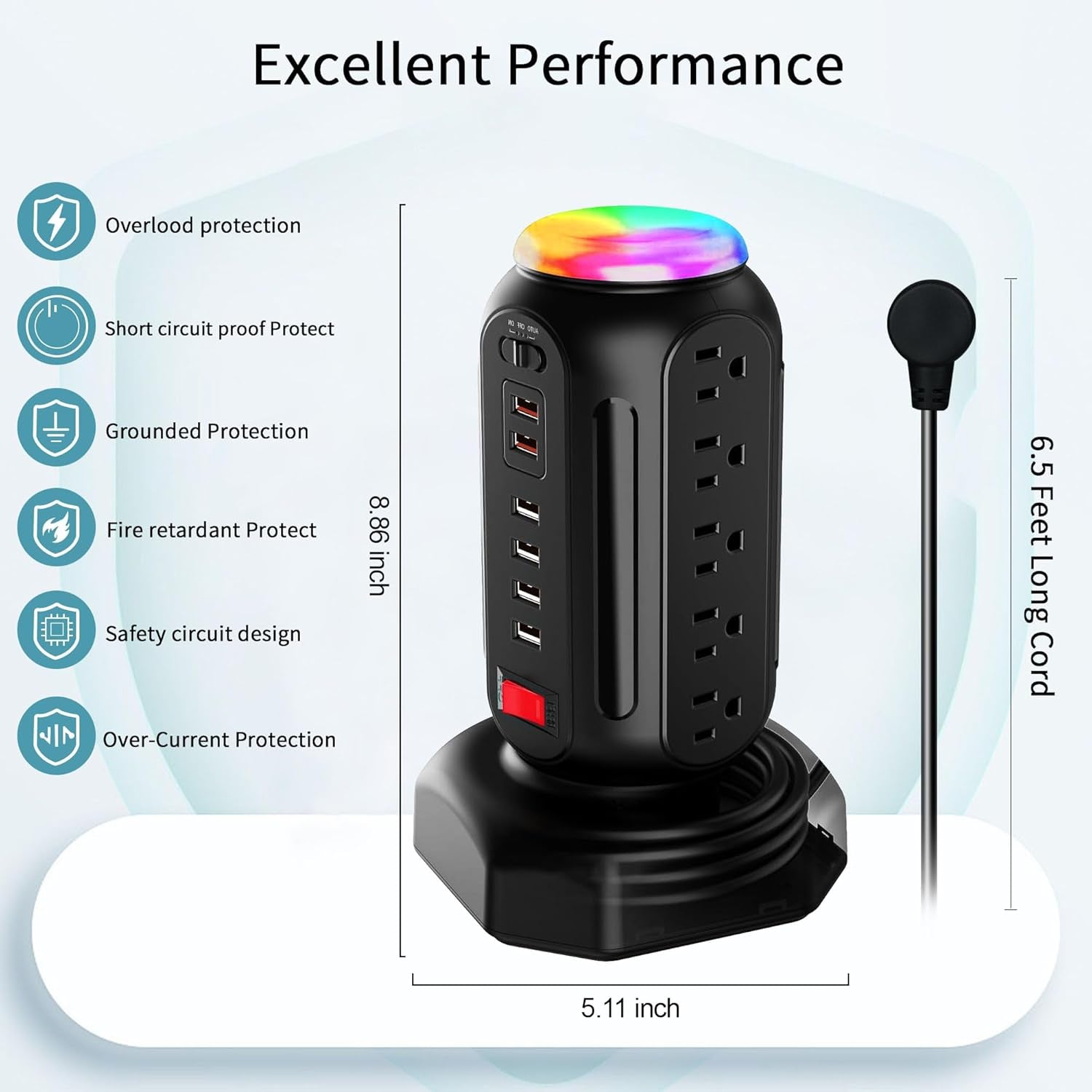 Power Strip with Colorful Night Light, 15 AC Outlets, and 6 Fast-Charging USB Ports, 900 J Surge Protector with Flat Plug on the Right (Black)