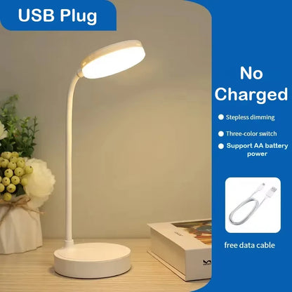 Portable LED desk lamp with eye protection, 3 brightness settings, and touch-activated USB charging