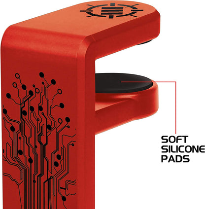 Headphone stand, hook-style clamp for under the desk, universal design - Built-in cable organizer - Red