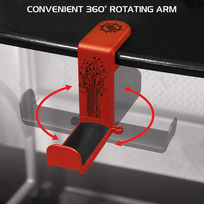 Headphone stand, hook-style clamp for under the desk, universal design - Built-in cable organizer - Red