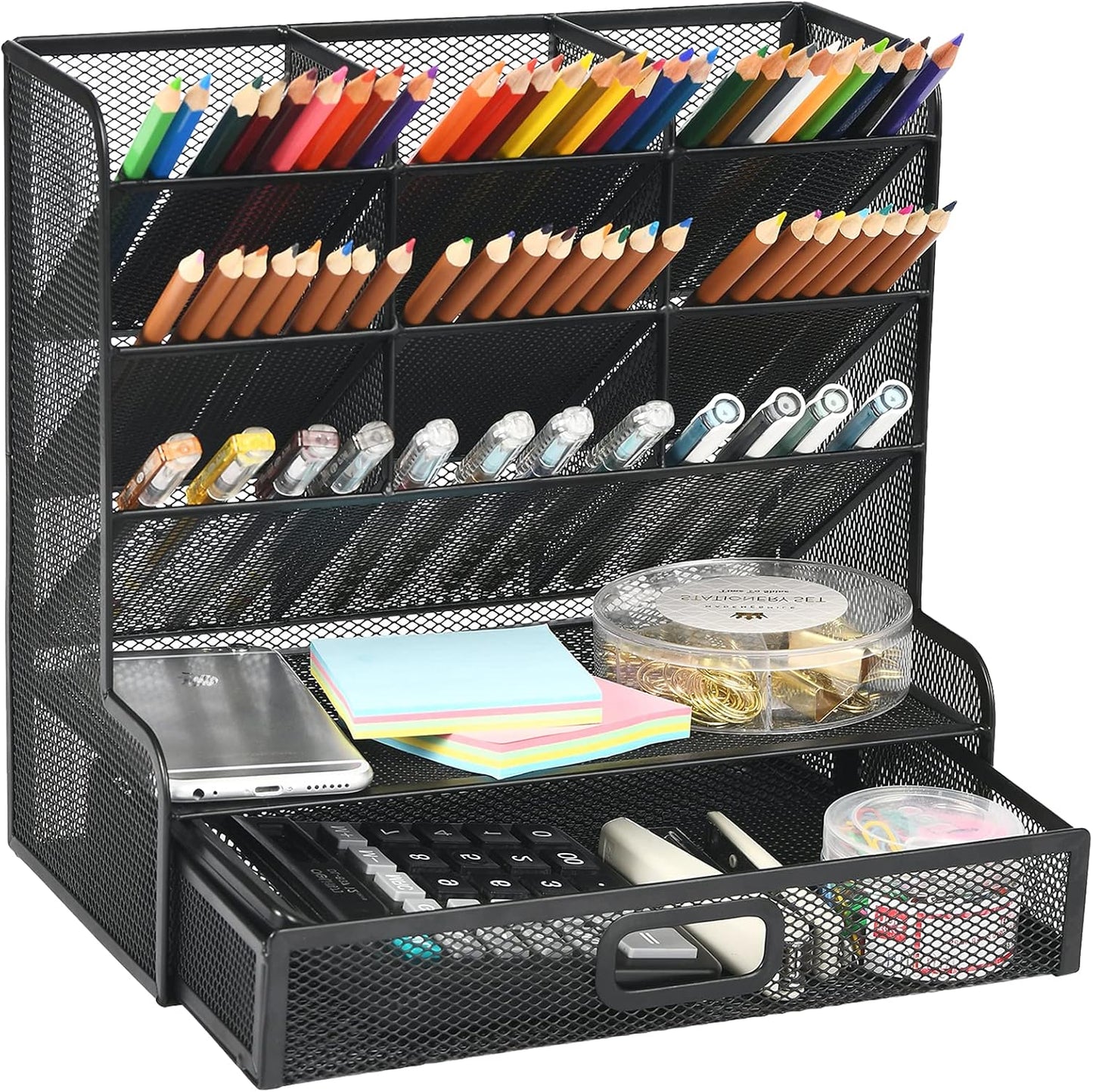 Mesh Pen Holder for Desk, Multi-Functional Pencil Organizer with Drawer (Large Black)