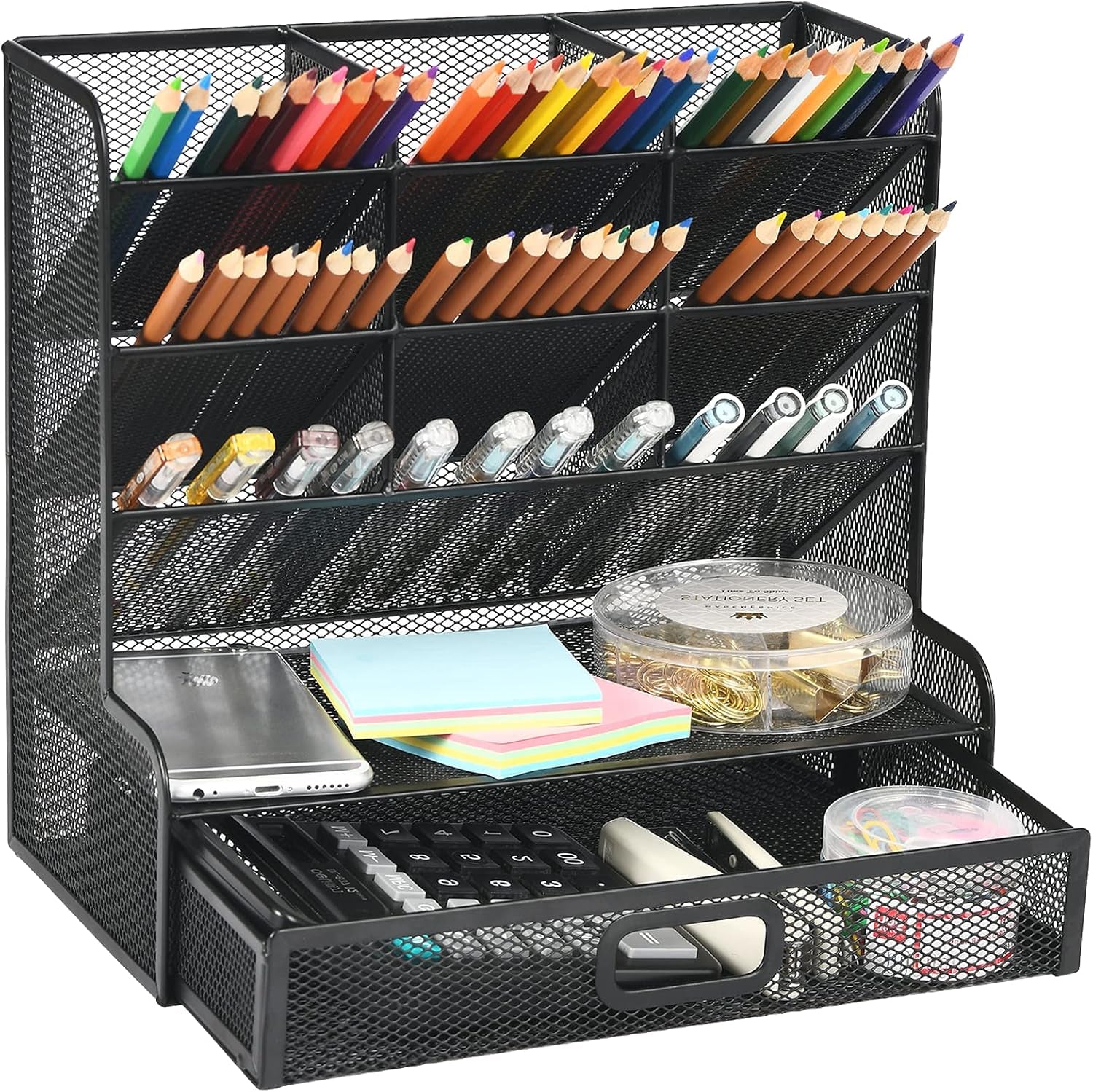 Mesh Pen Holder for Desk, Multi-Functional Pencil Organizer with Drawer (Large Black)