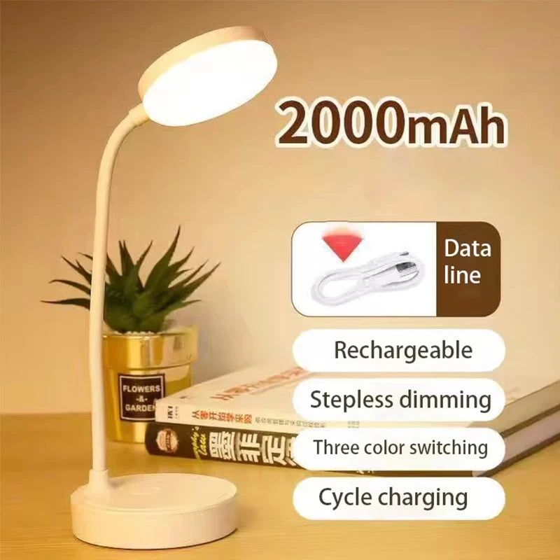 Portable LED desk lamp with eye protection, 3 brightness settings, and touch-activated USB charging