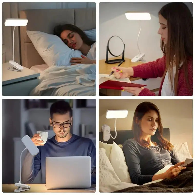 USB-rechargeable LED desk lamp with a clip and touch controls, 3 brightness levels, and adjustable light, warm white