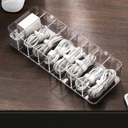 Clear plastic container for storing cables 