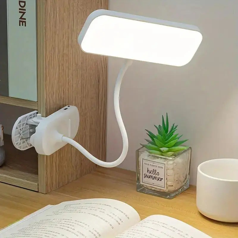 USB-rechargeable LED desk lamp with a clip and touch controls, 3 brightness levels, and adjustable light, warm white