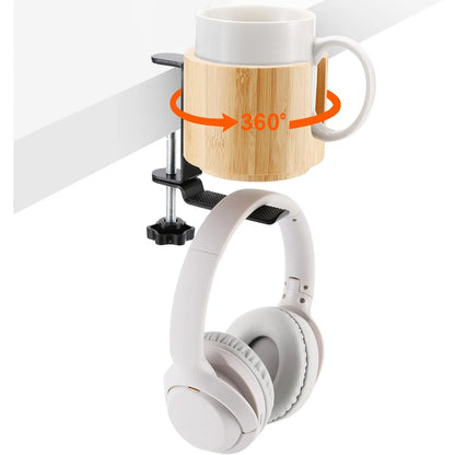 2-in-1 Headphone Holder with 360° Rotation for Under-Desk Use, 360° Spill-Proof Cup Holder