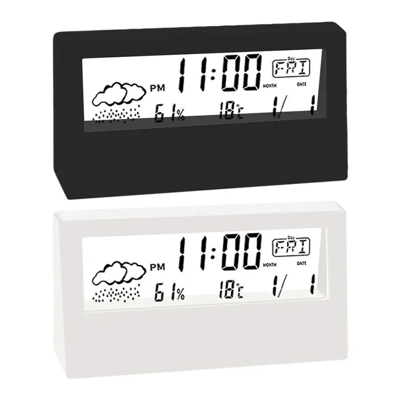 LCD Desktop Alarm Clock Transparent Calendar Weather and Digital Temperature and Humidity Display 