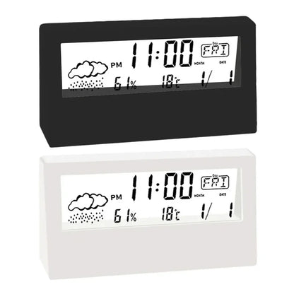 LCD Desktop Alarm Clock Transparent Calendar Weather and Digital Temperature and Humidity Display 