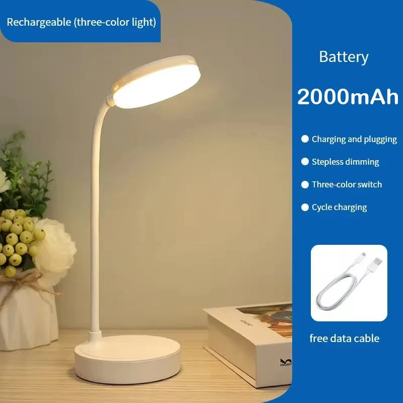 Portable LED desk lamp with eye protection, 3 brightness settings, and touch-activated USB charging