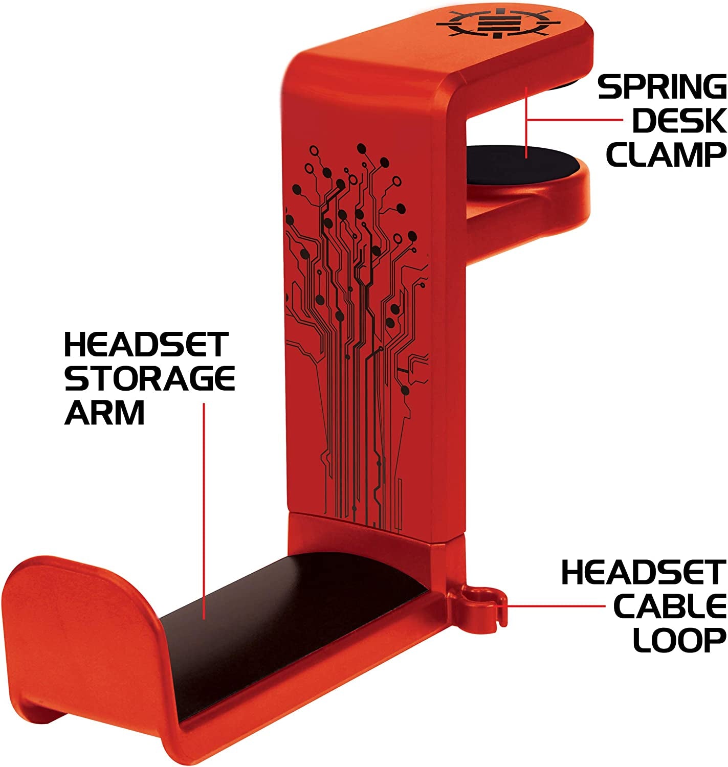 Headphone stand, hook-style clamp for under the desk, universal design - Built-in cable organizer - Red