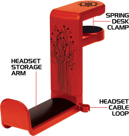 Headphone stand, hook-style clamp for under the desk, universal design - Built-in cable organizer - Red