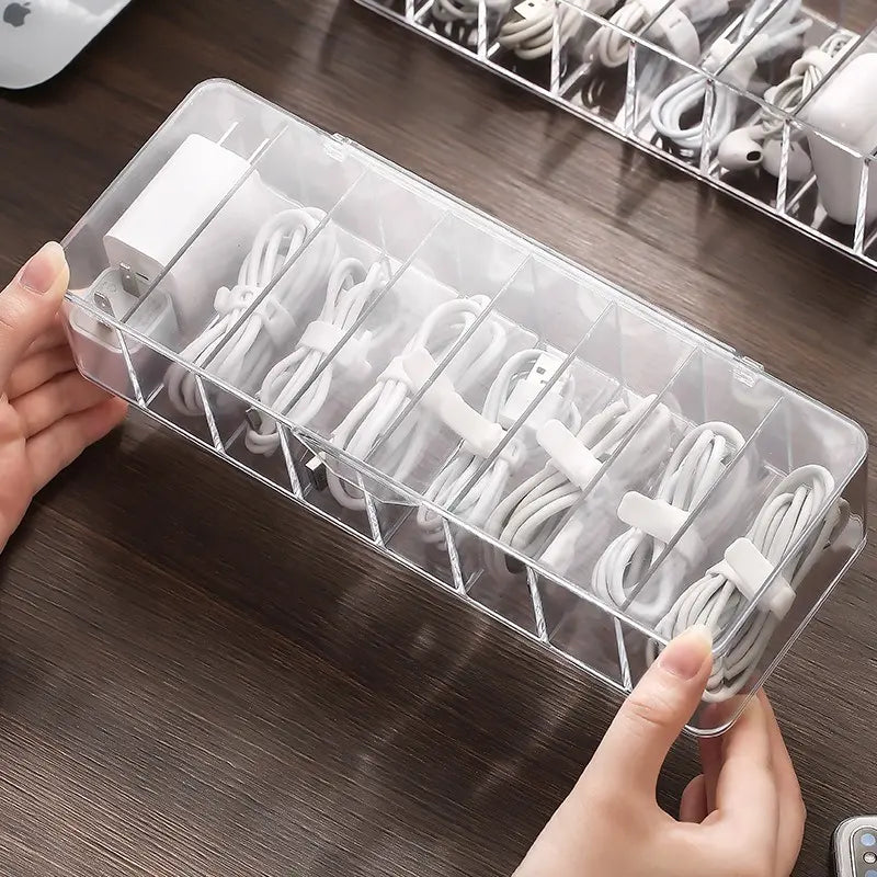 Clear plastic container for storing cables 