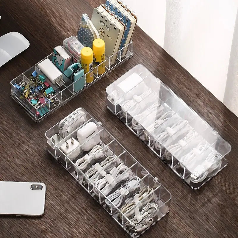 Clear plastic container for storing cables 